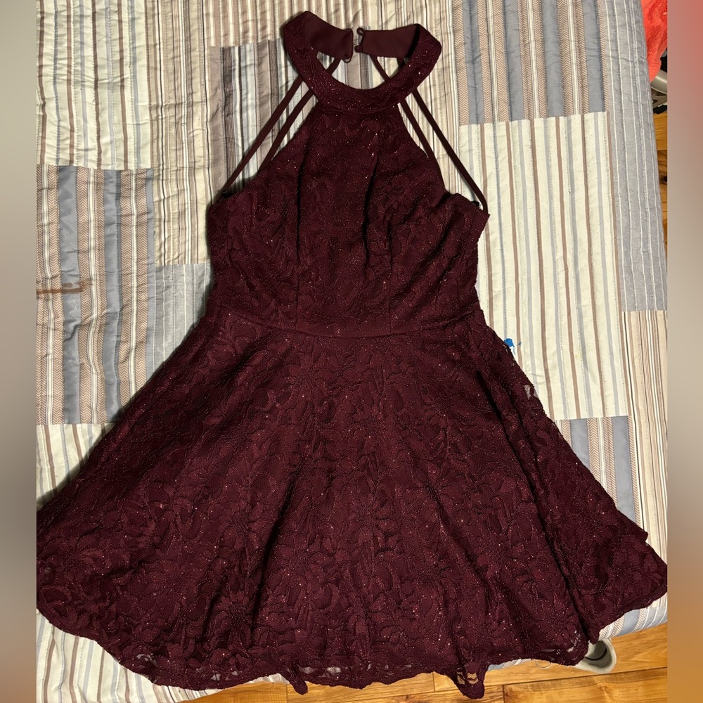 Wine red sparkling mini poof dress, backless